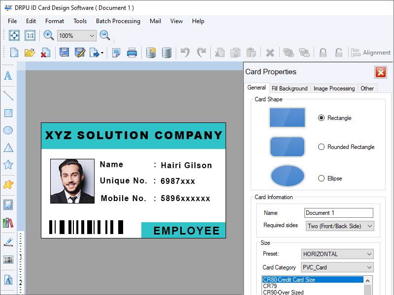 Screenshot of Windows Identity Card Printing Software